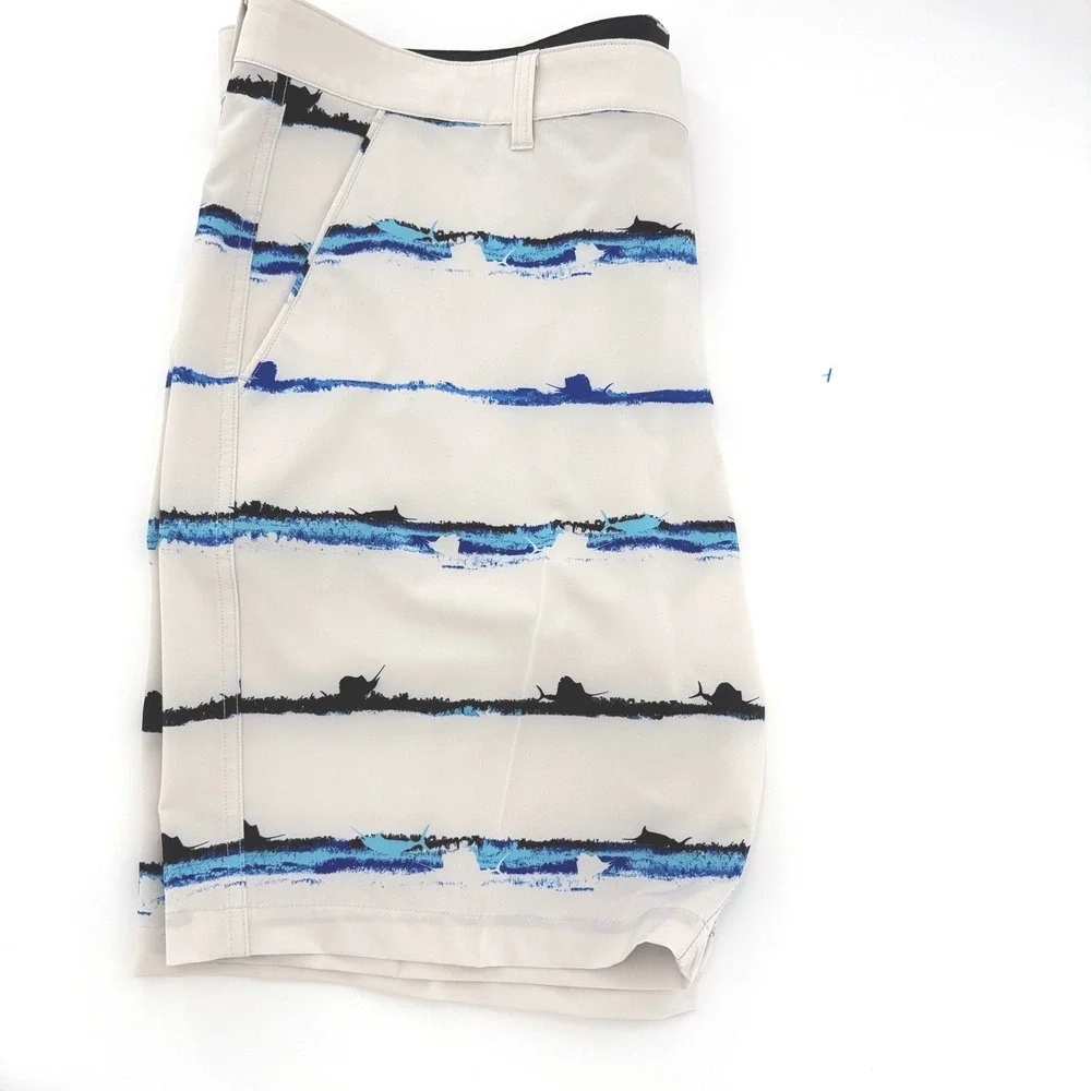 Scales White with Black/Blue Marlin Stripe Performance Fishing Shorts Mens40